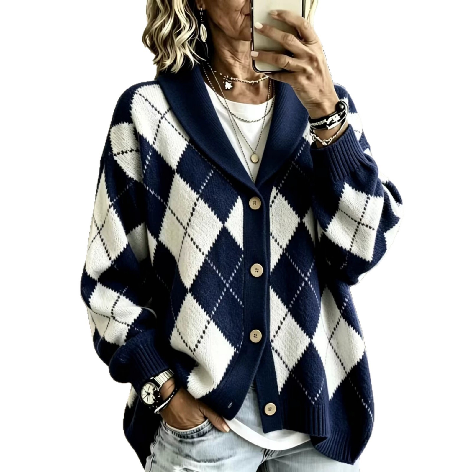 Diamond Plaid Button-Front Cardigan Sweater with Suit Collar