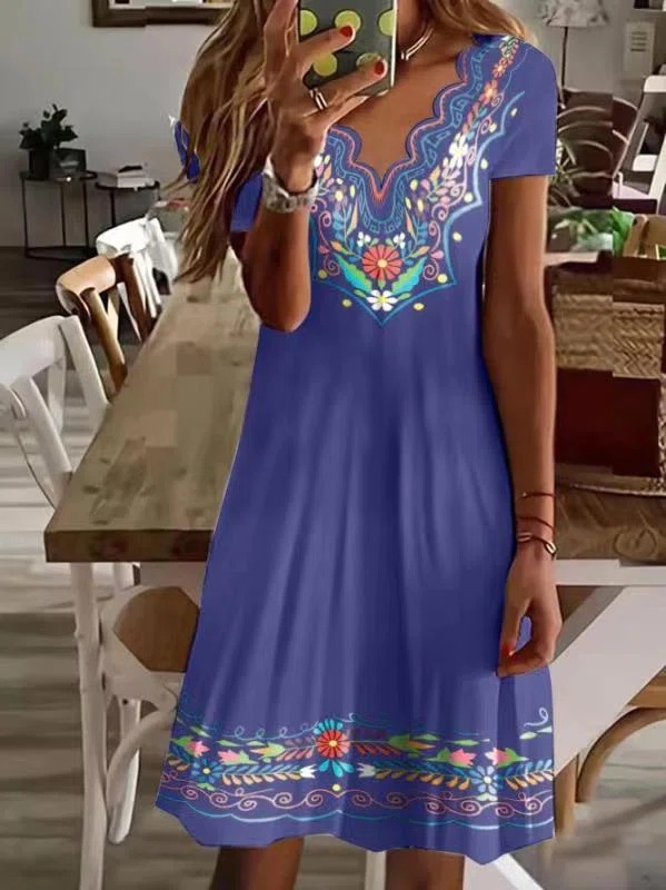 Women's Wave V-Neck Floral Print Short Sleeve Casual Dress