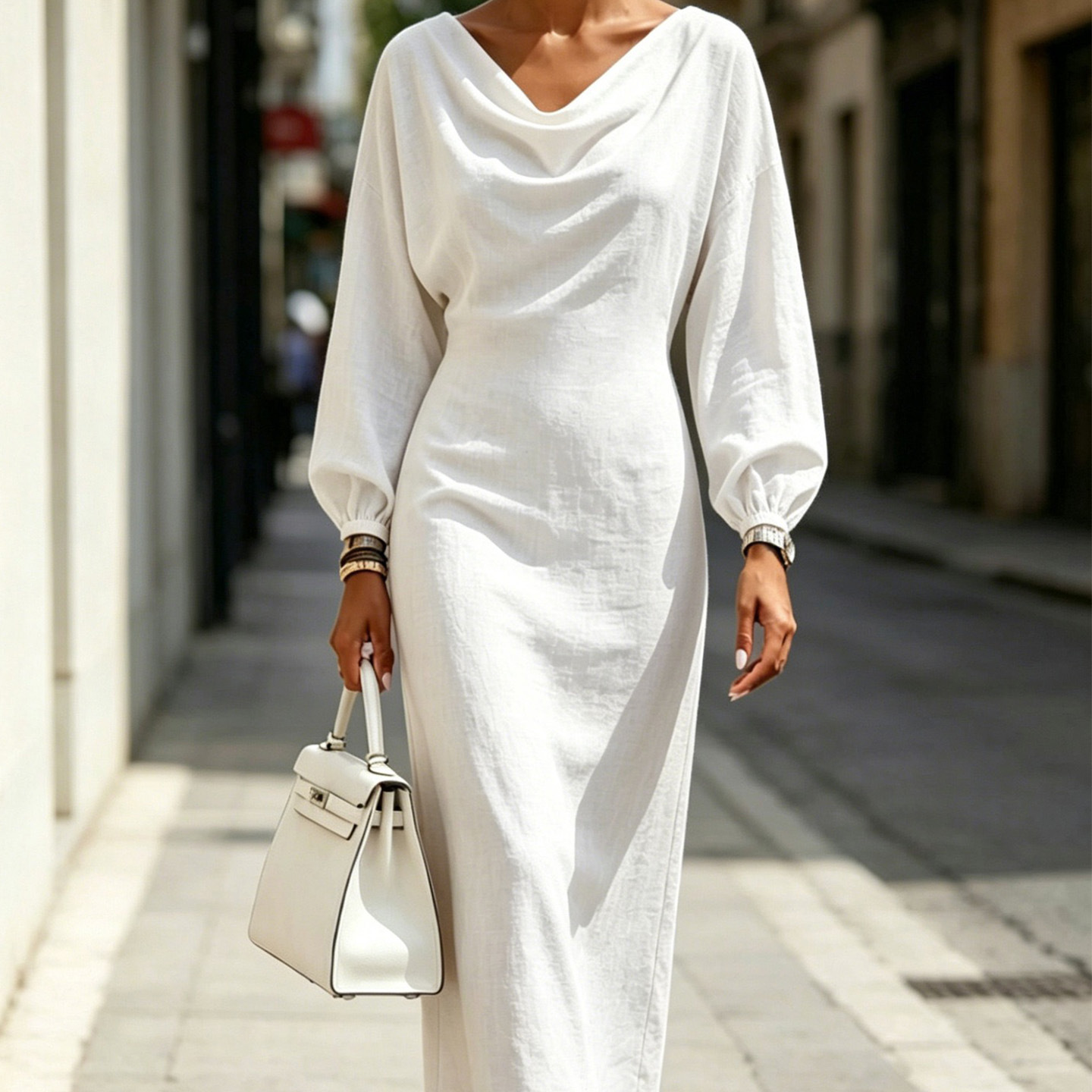Women's Draped Neck Lantern Sleeve Long Sleeve Midi Dress Elegant A-Line