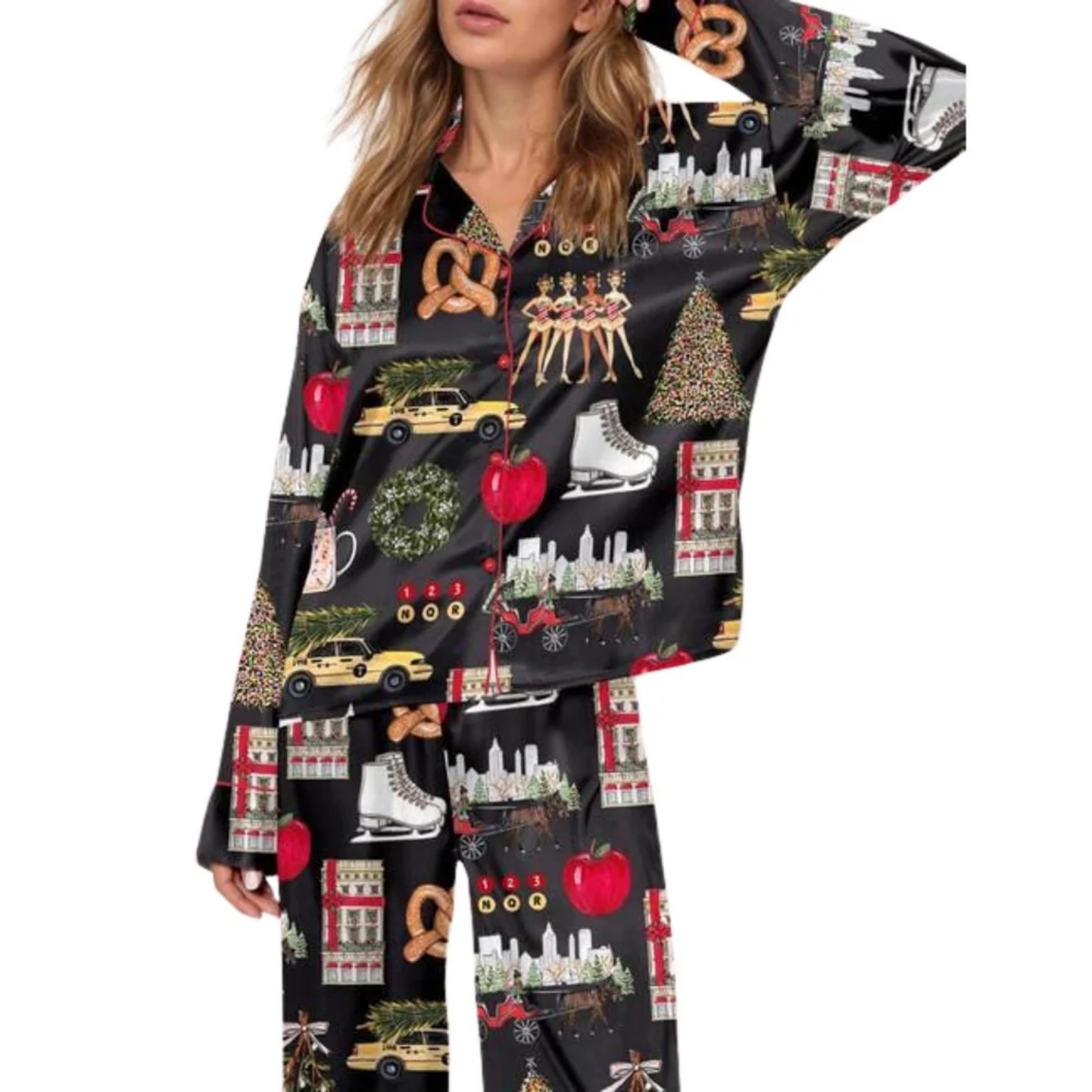 Women's Cuban Collar Long Sleeve Printed Top Set Casual Loungewear