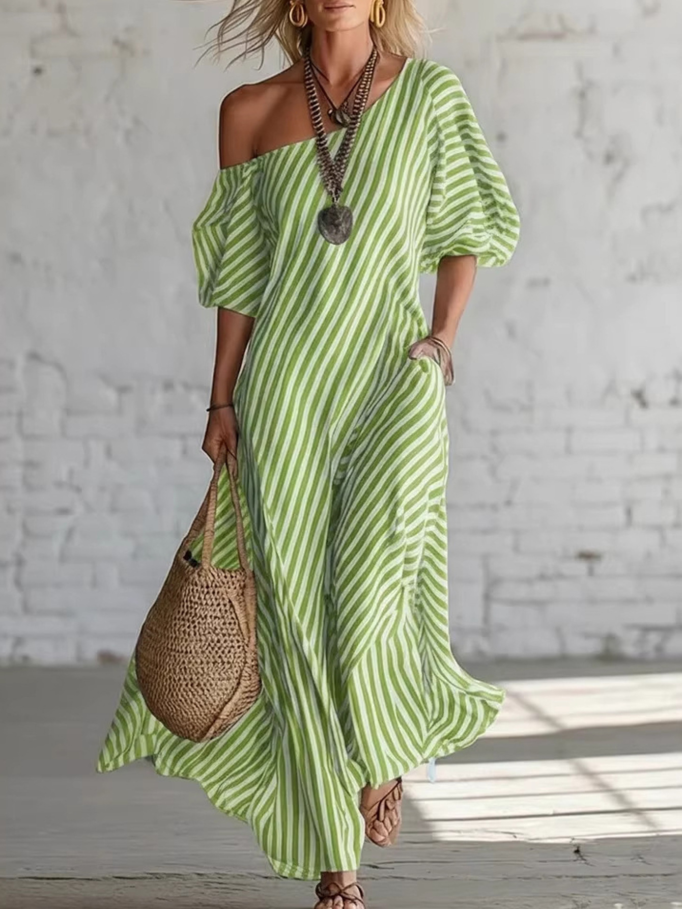 Striped Off-Shoulder Long Dress