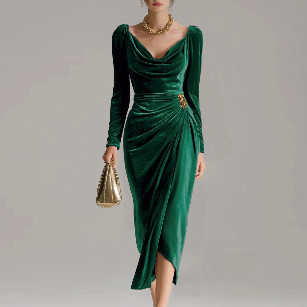 Velvet Long Sleeve Square Neck Bodycon Dress with Slit