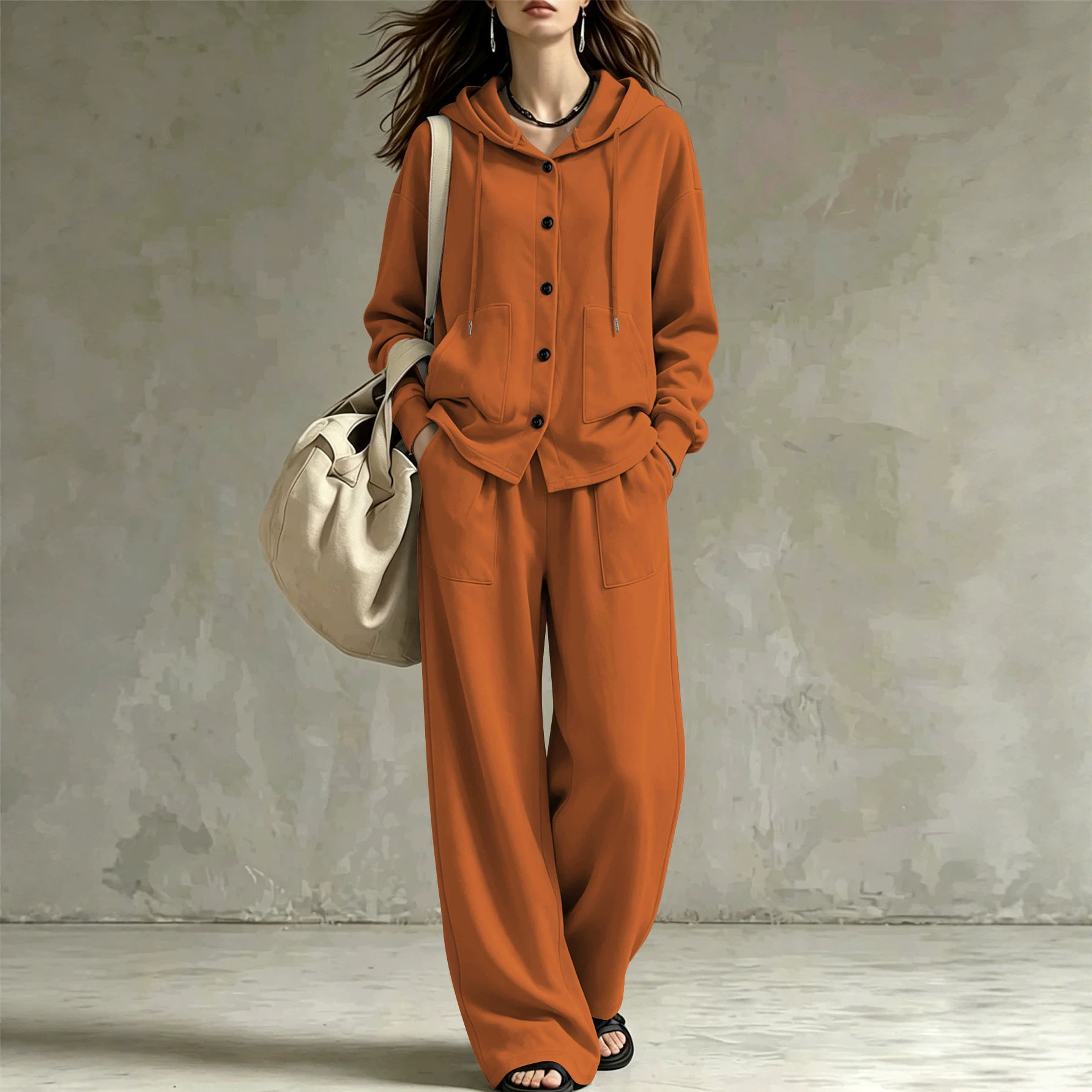 Women's Loose Hooded Cardigan and Wide-Leg Pants Two-Piece Set