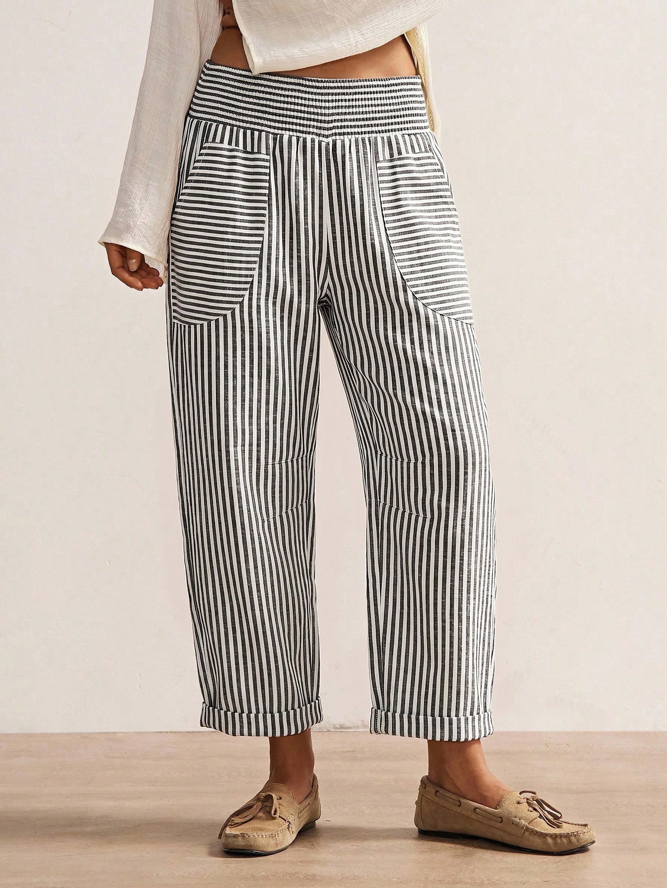 Women's Retro Striped Casual Pants with Pockets, Loose Straight-Leg