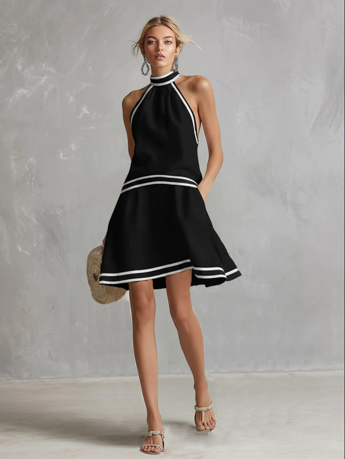 Striped Trim Halter Sleeveless A-Line Dress