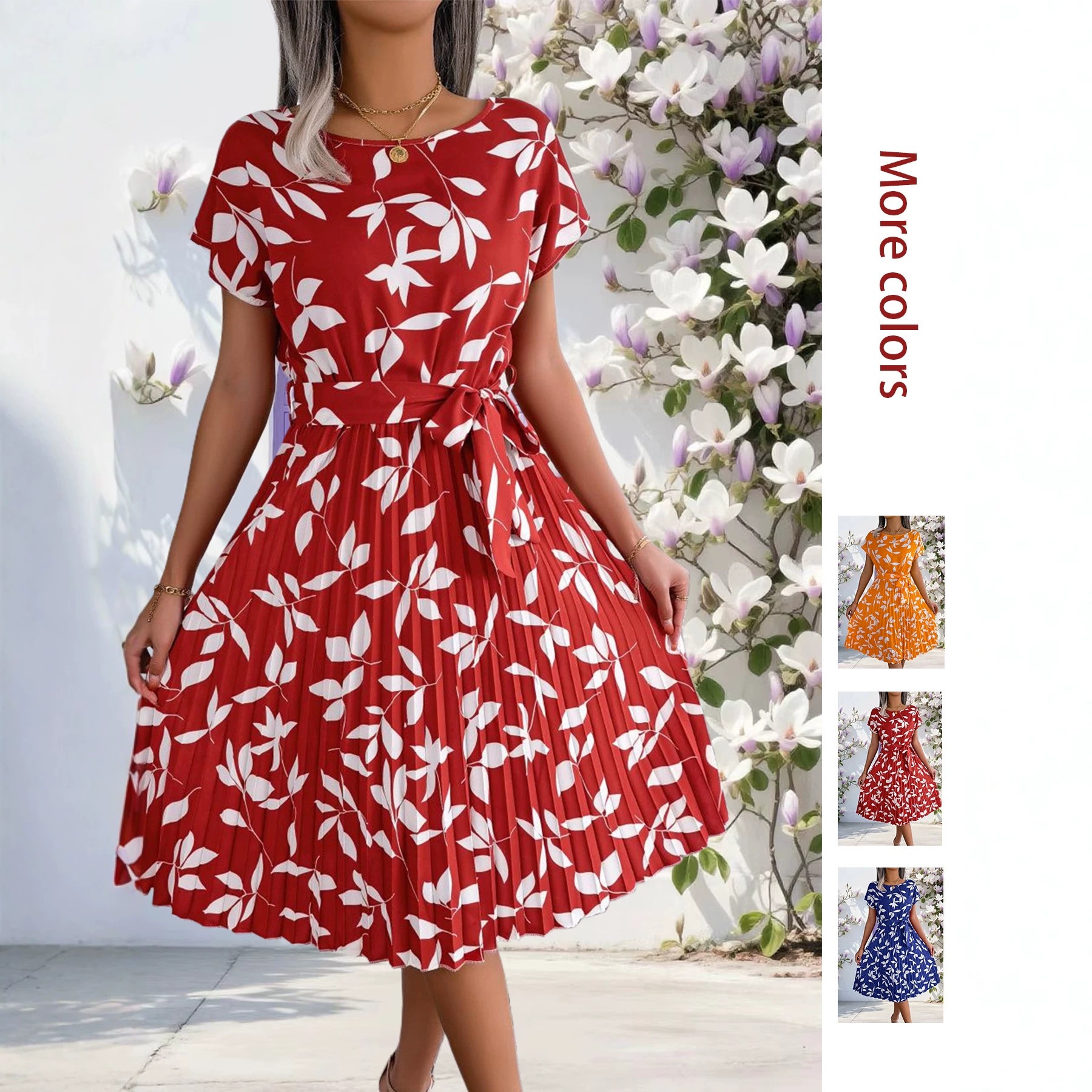Floral Print Short Sleeve Dress with Round Neck, Tie Waist, Pleated A-Line Skirt