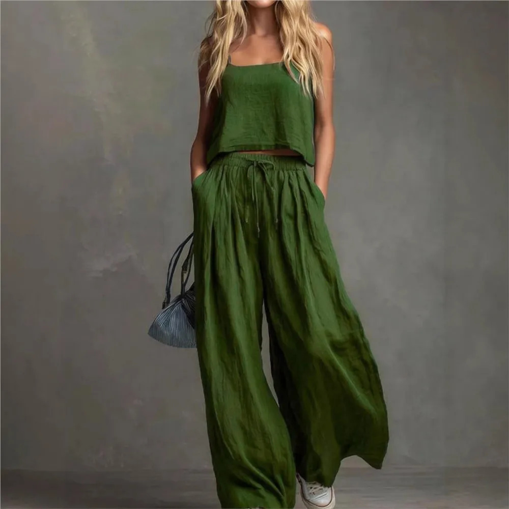 Women's Solid Sleeveless Cami Top and Wide-Leg Pants Set
