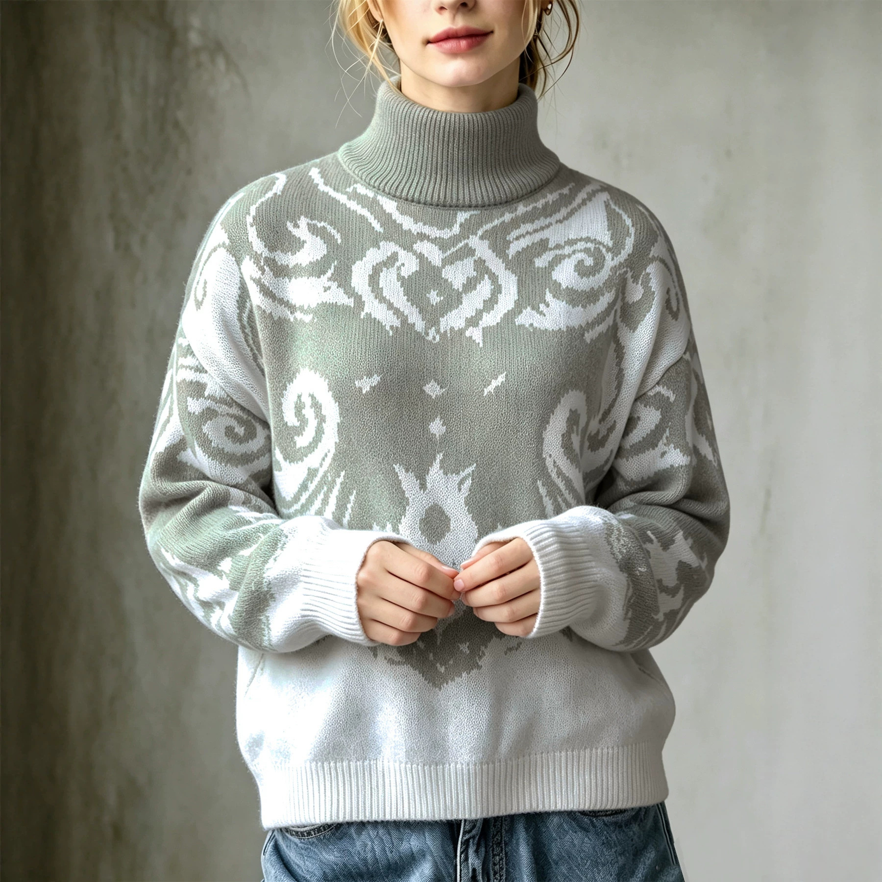 Women's Turtleneck Knit Sweater Vintage Jacquard Gradient Colorblock Loose Drop Shoulder