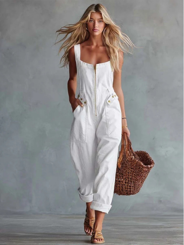 Women's Vintage Square Neck Front Zip Denim Jumpsuit