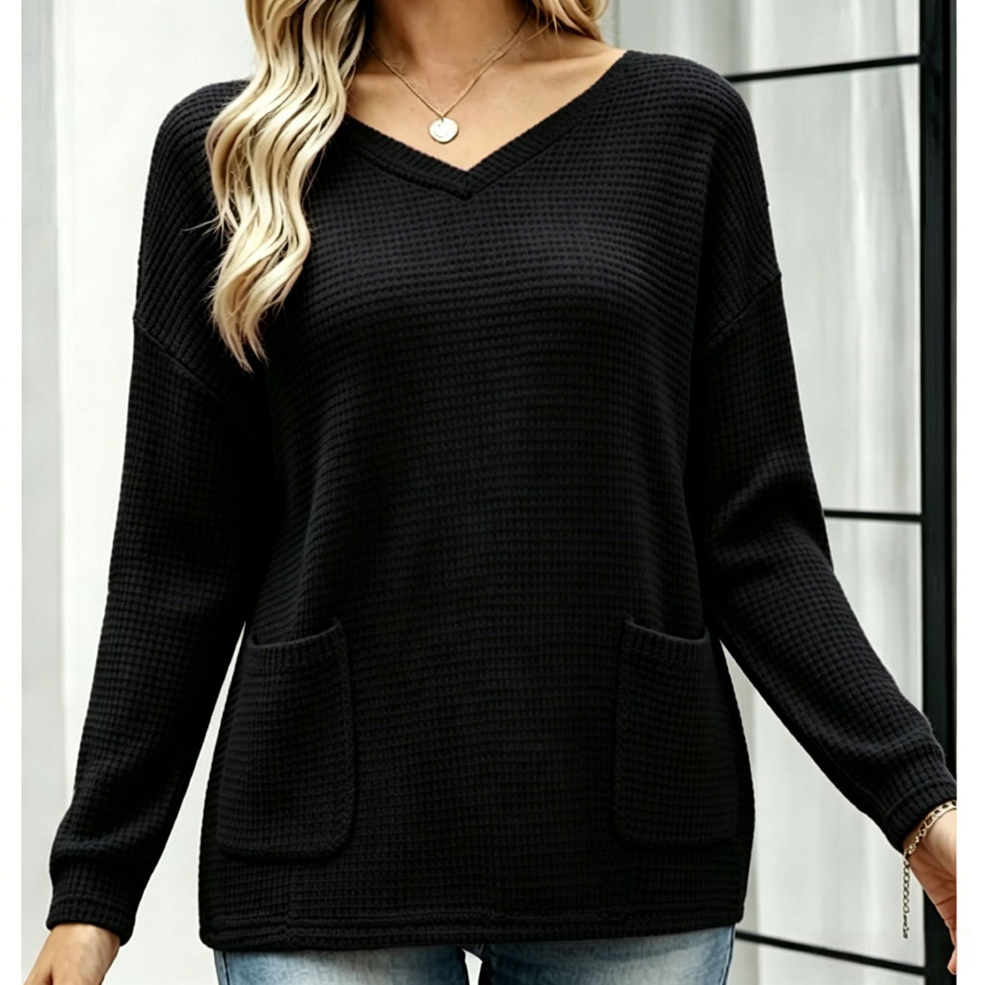 Women's V-Neck Knit Sweater with Pockets Loose Fit Pullover Top