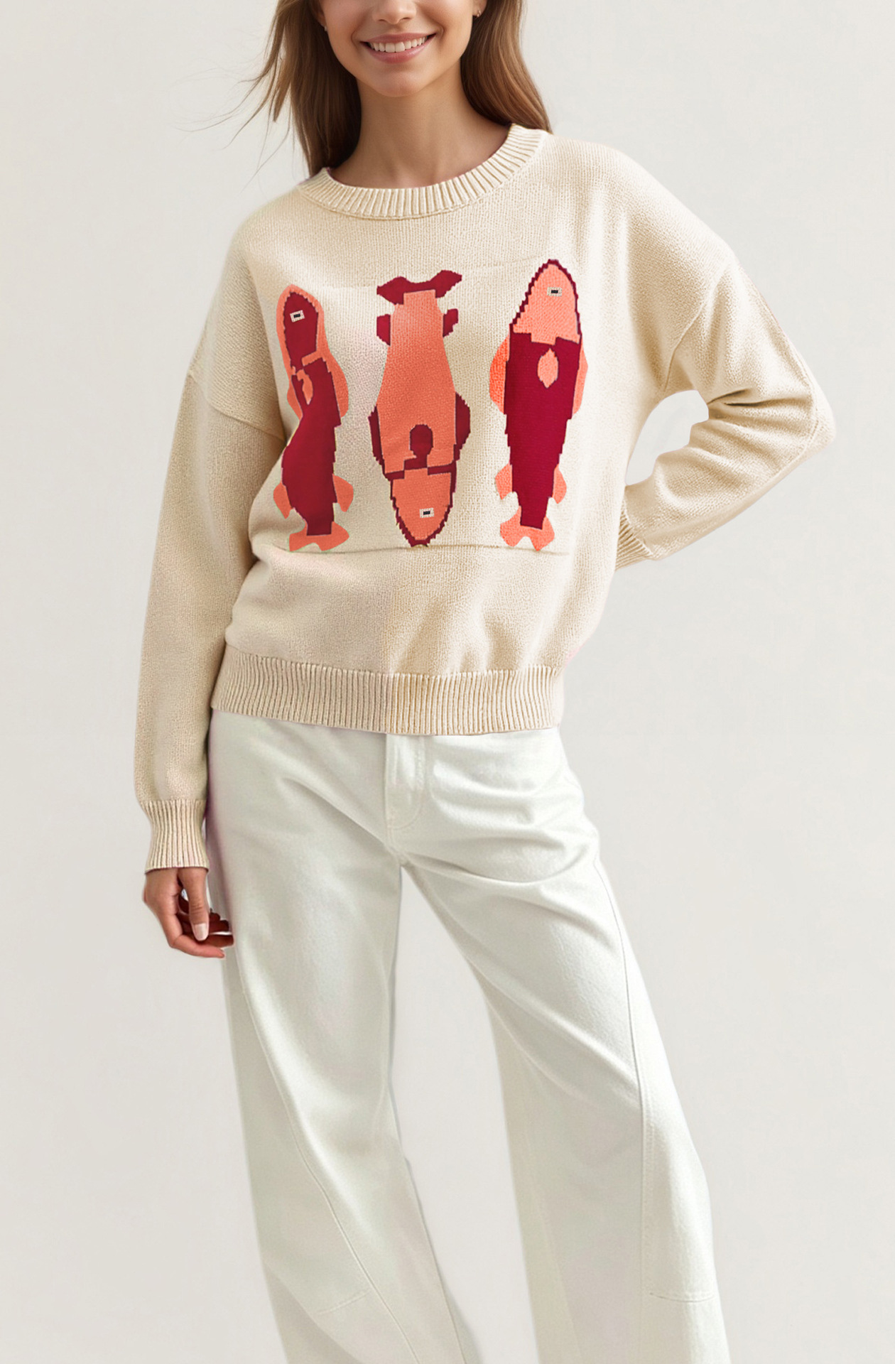 Women's Round Neck Loose Knit Pullover Sweater with Color Block Pattern