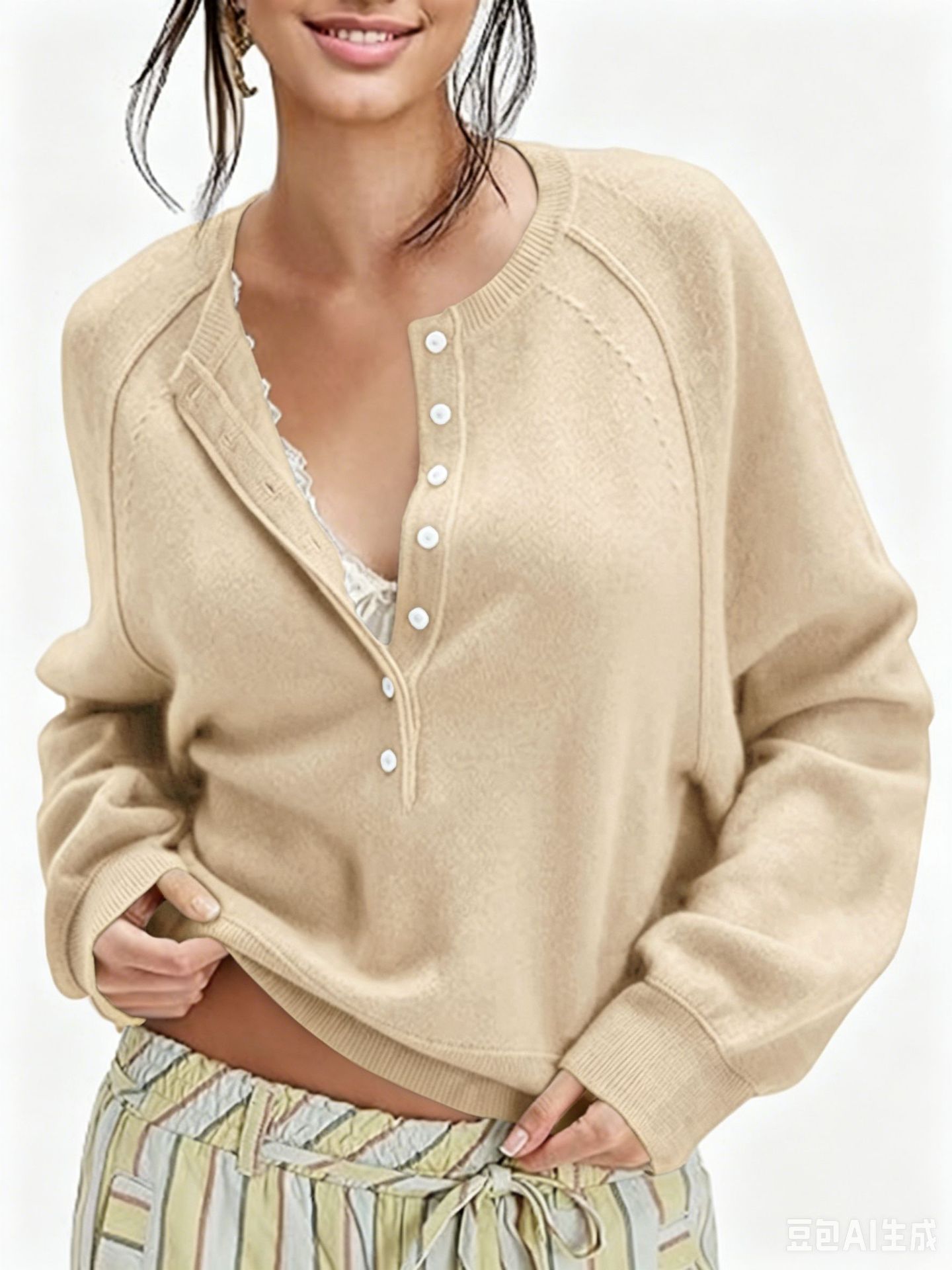 Women's Button-Front Half-Open Neck Sweater Loose Knit Top