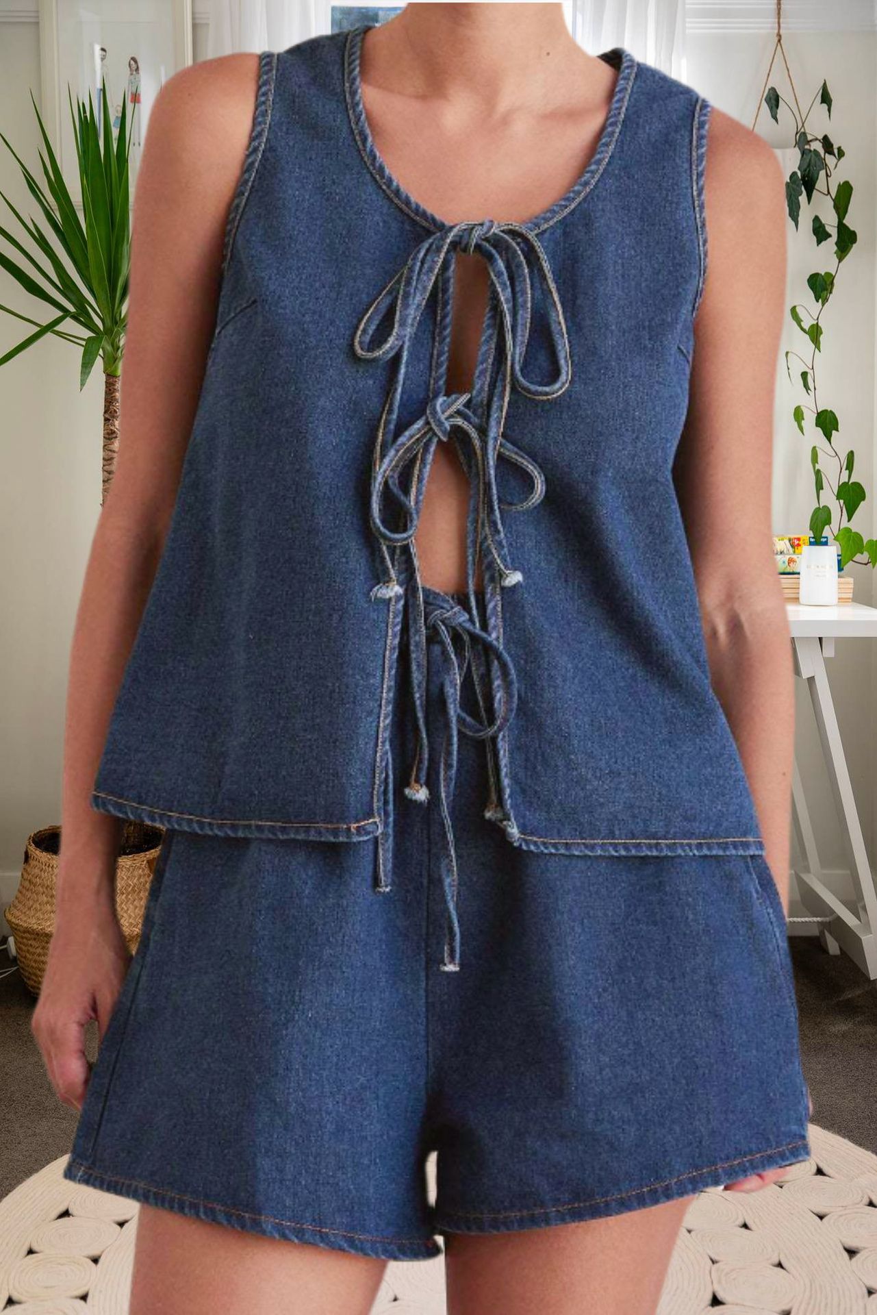 Women's Sleeveless Lace-Up High-Waist Denim Vest and Shorts Set