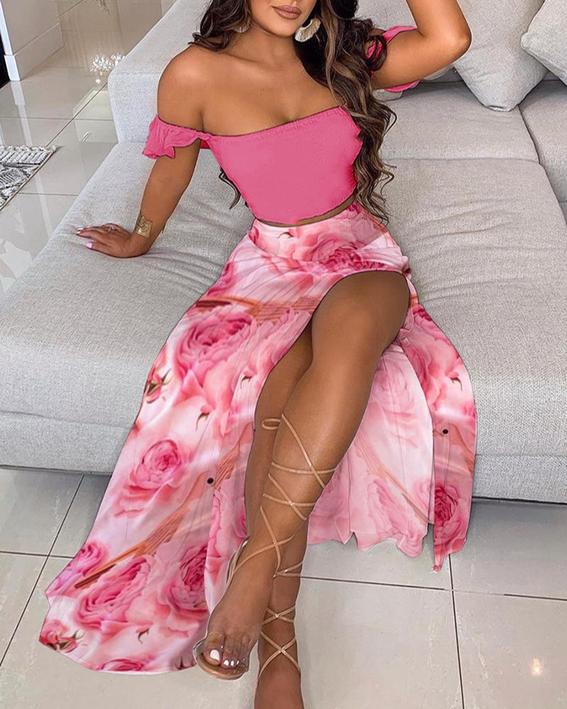 Women's Slim Fit French Bohemian Print Midi Strapless Two-Piece Dress Set