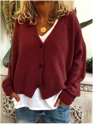 Solid V-Neck Knit Top with Front Button Detail, Loose Cropped Long Sleeve