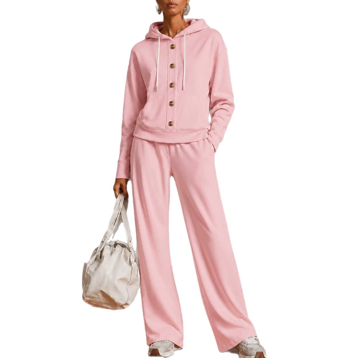 Women's Solid Color Hooded Button Sweatshirt & Wide-Leg Pants 2-Piece Set