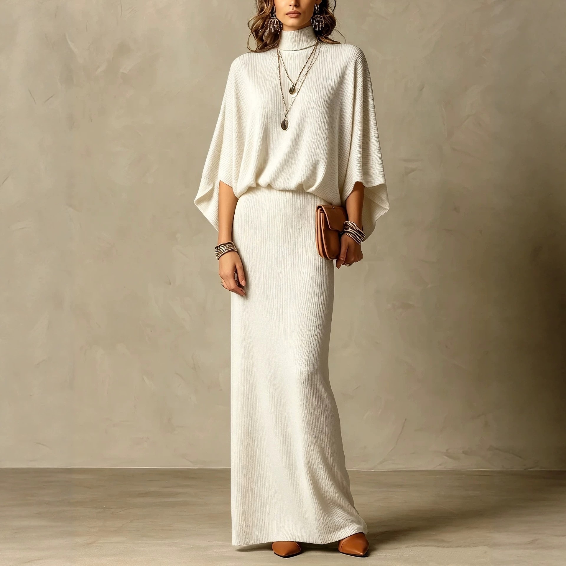 Solid Ribbed Batwing Sleeve Two-Piece Skirt Set