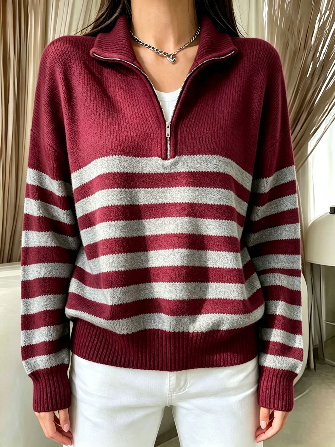 Striped Color-Block Half-Zip Sweater