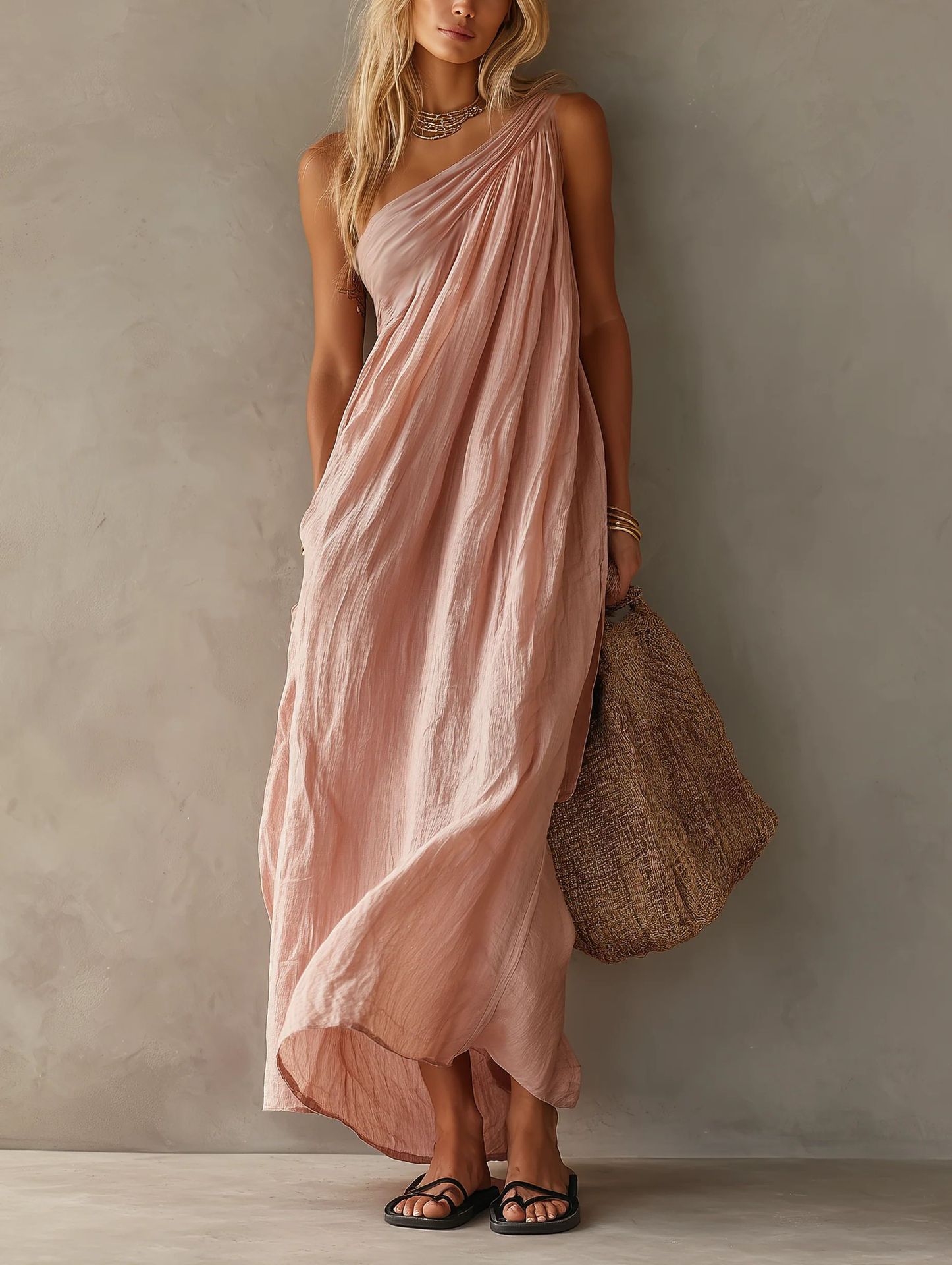 2026 Amazon Cross-Border Women's One-Shoulder Ruched Dress Loose Slimming Solid Color Beach Vacation Long Dress