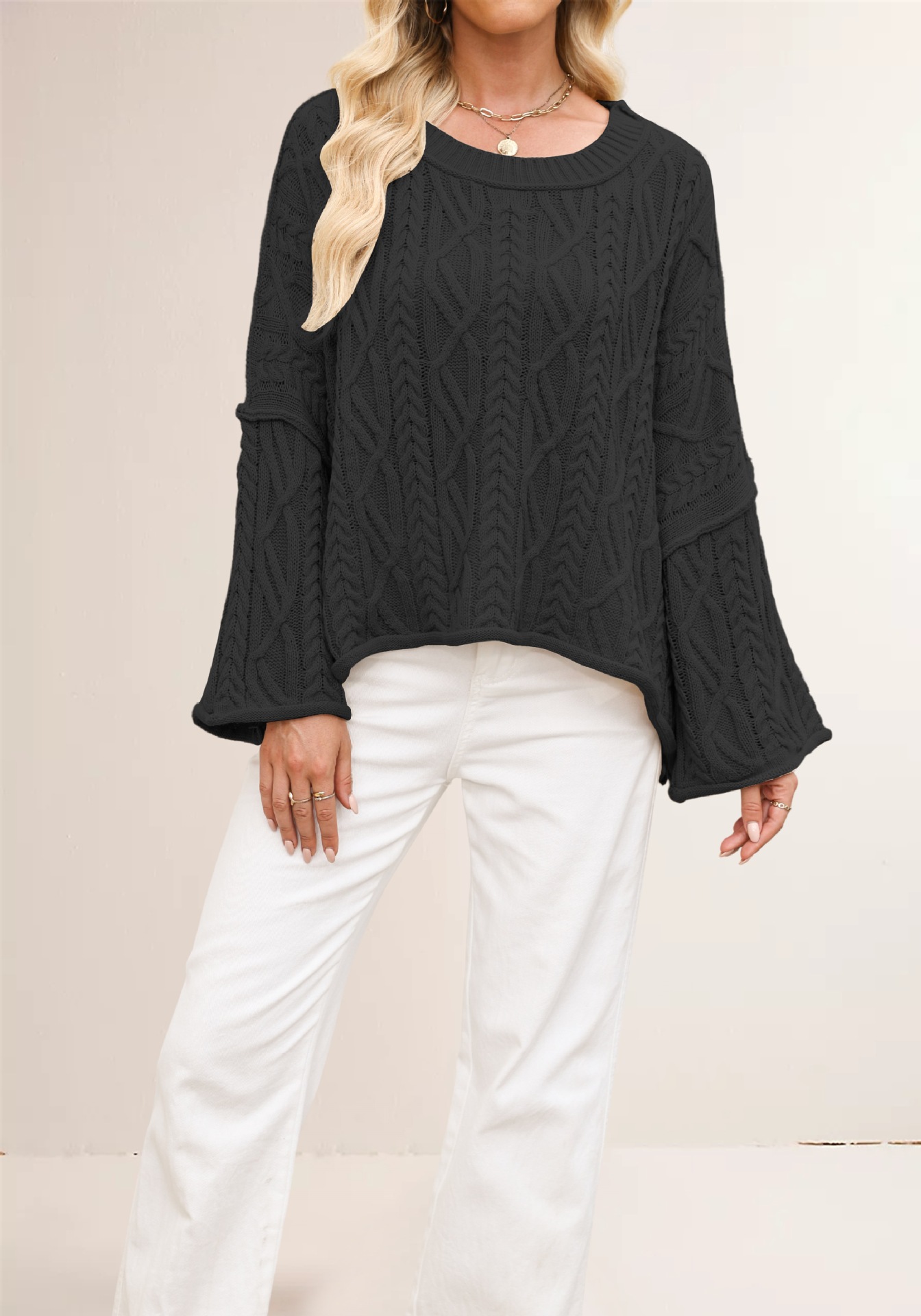 Cable Knit Cropped Sweater Plus Size Loose Crew Neck Pullover