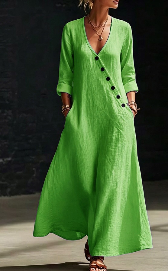 Asymmetric Button V-Neck Midi Dress with Rolled Cuffs and Side Pockets