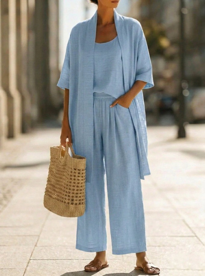 Women's Solid Color Casual Loose Straight Three-Piece Pant Set