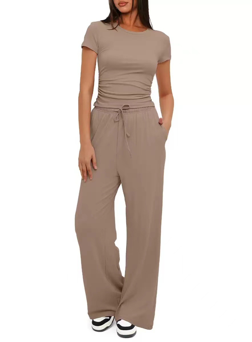 Women's Two-Piece Casual Set Ruched Short Sleeve Top Wide-Leg Pants
