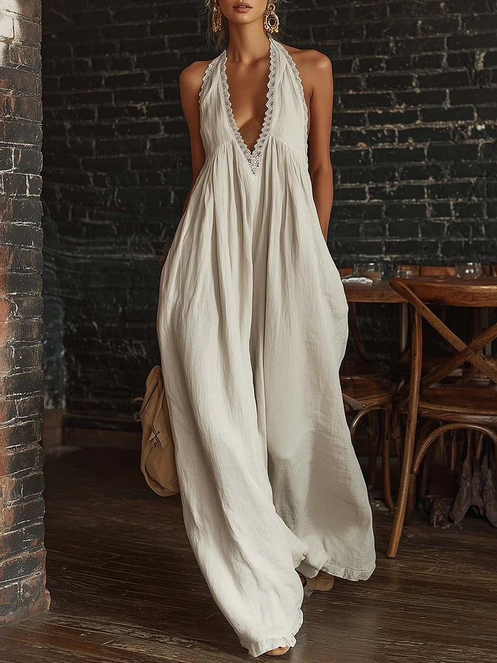 Women's Lace-Trim Loose Linen Jumpsuit Casual Elegant Sleeveless Straight-Leg