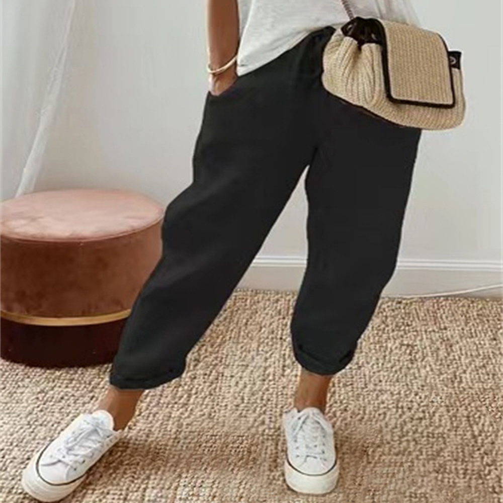Women's Cotton-Linen Elastic Waist Casual Pants with Pockets