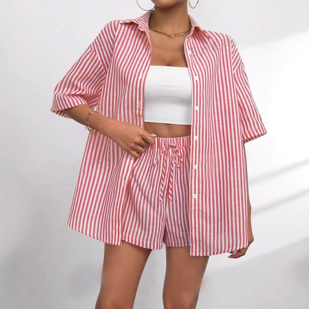 Striped Lapel Short-Sleeve Top and Shorts Two-Piece Set