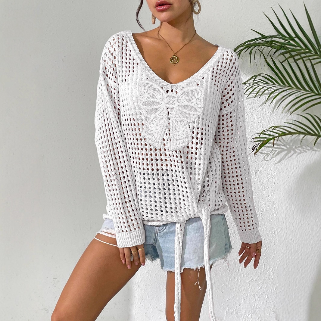 Women's Open-Knit Butterfly Pullover Sweater with Tie Detail