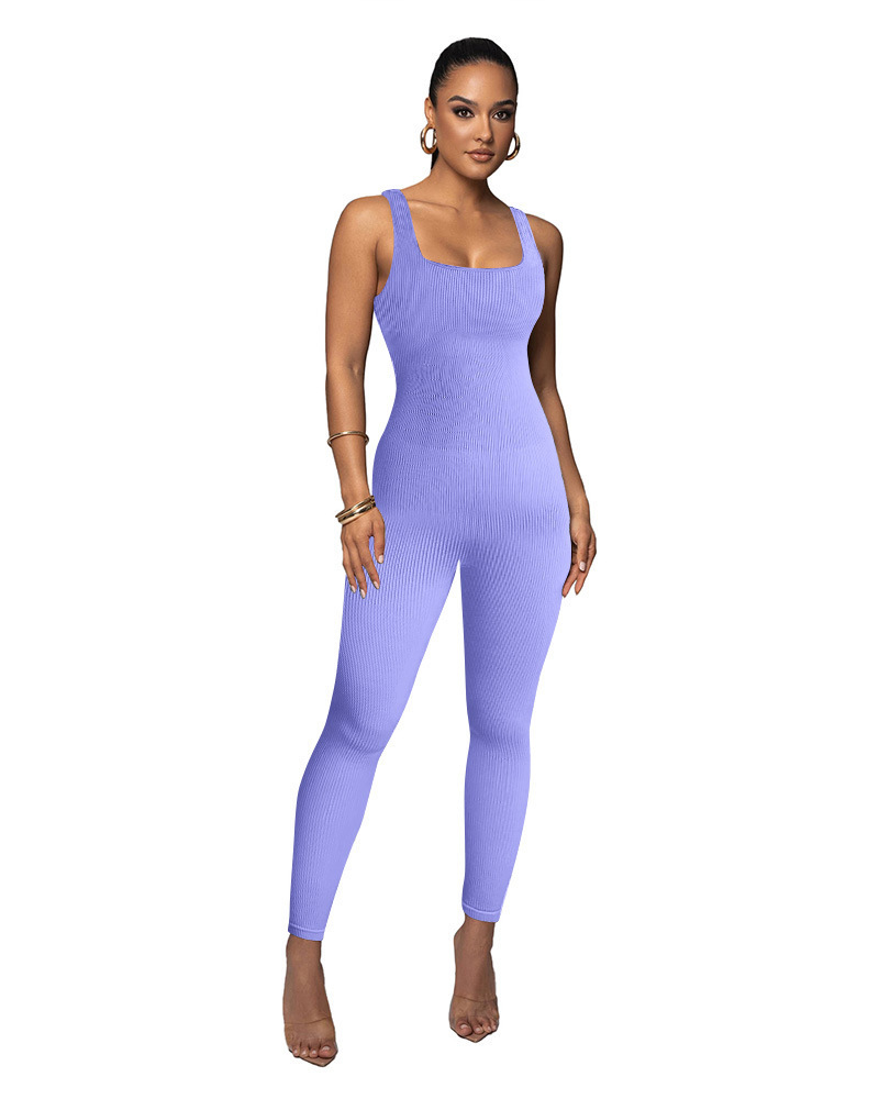 Sexy Sleeveless Square Neck Ribbed Yoga Bodysuit Tummy Control Butt Lifting