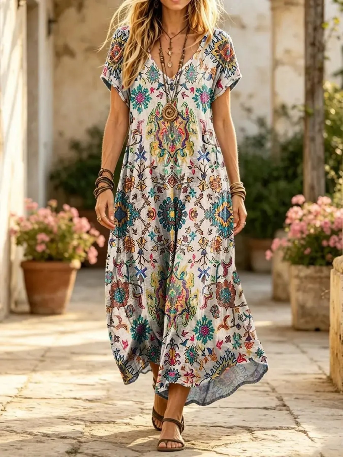 Women's Floral Print Midi Dress Short Sleeve Deep V-Neck Bodycon Casual