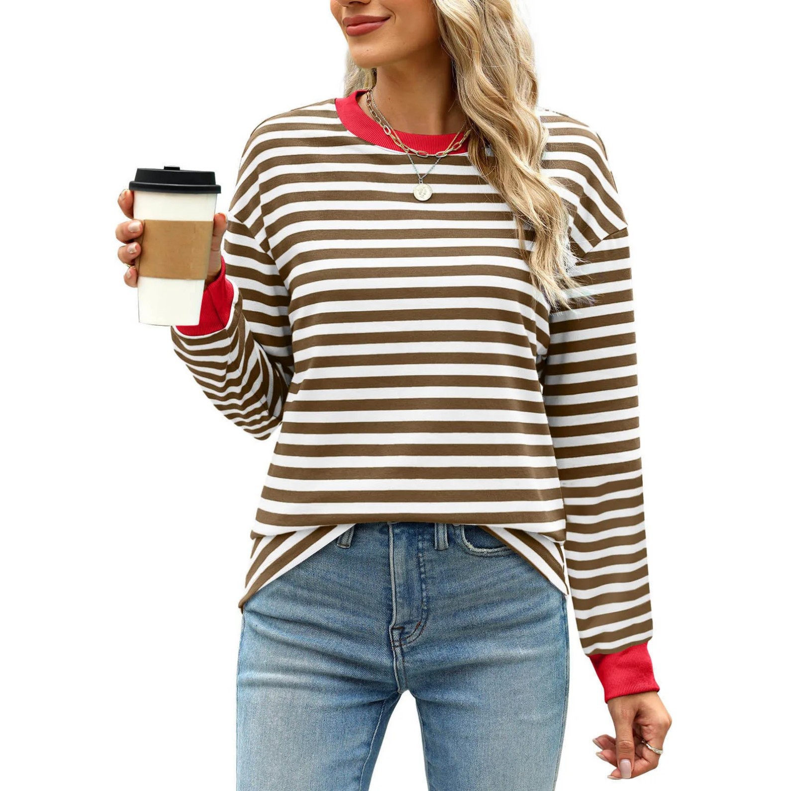 Women's Striped Print Crewneck Sweatshirt Casual Pullover