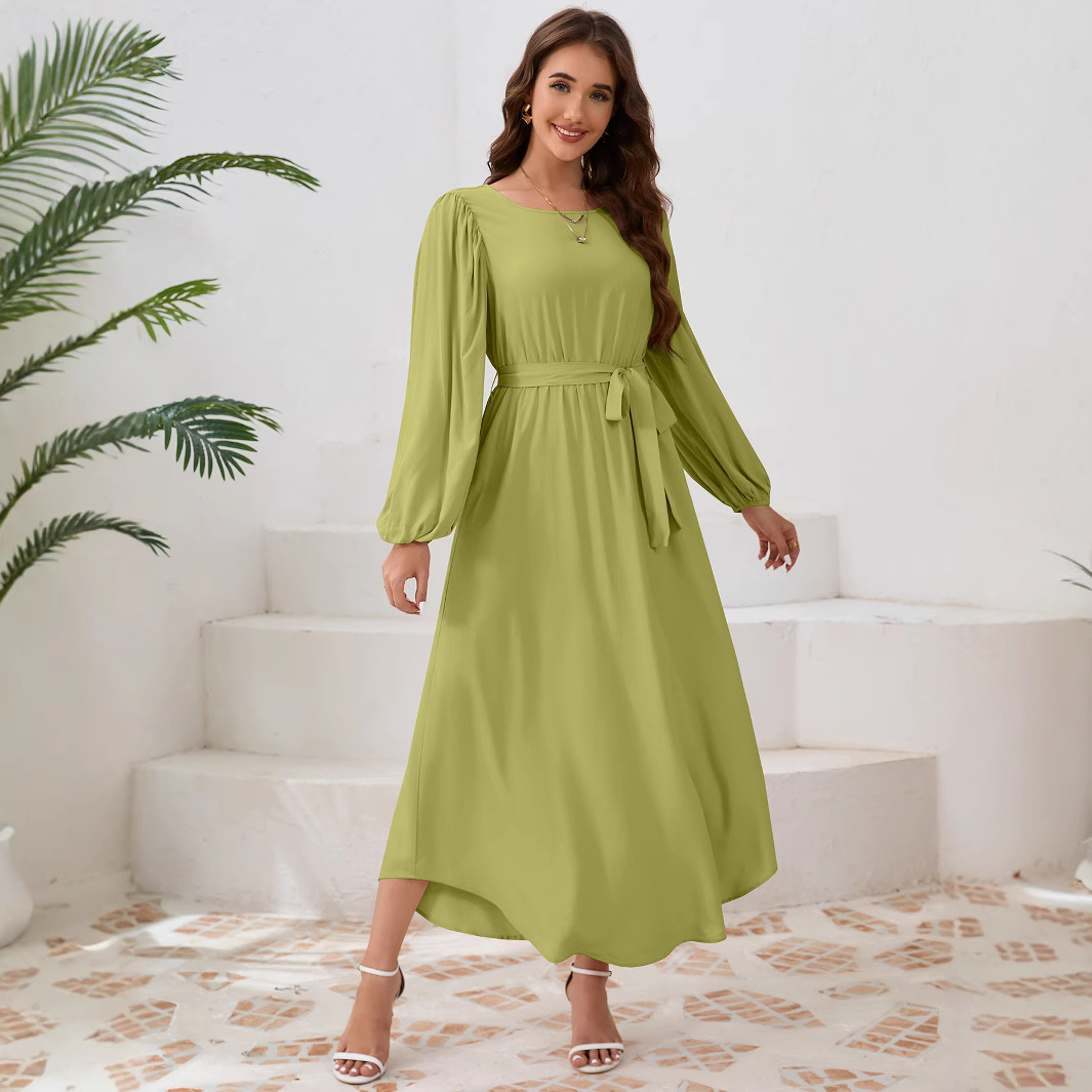 Women's Lantern Sleeve Midi Dress with Tie Belt