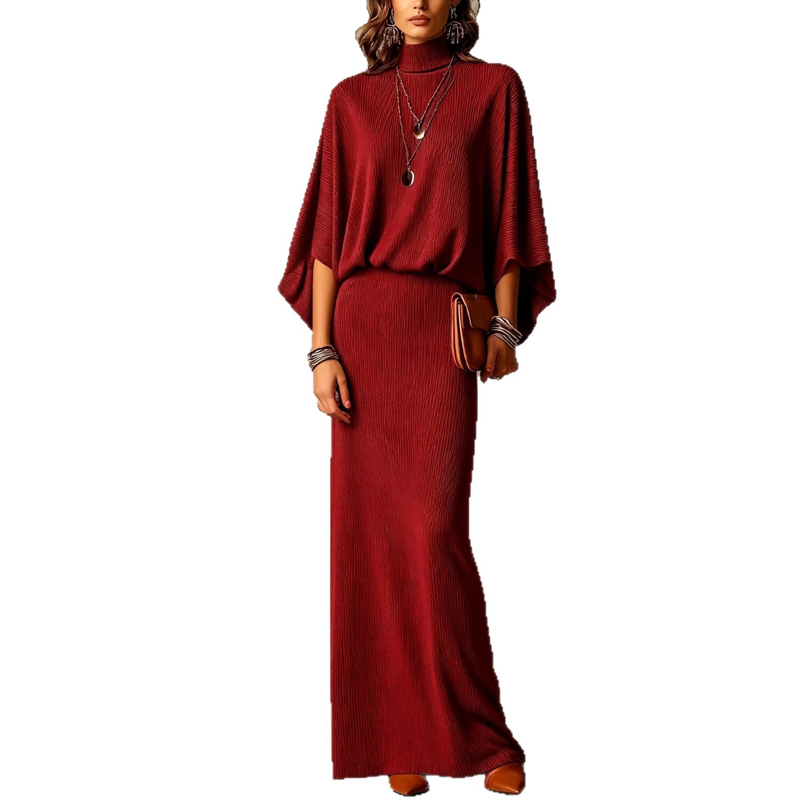 Solid Ribbed Batwing Sleeve Two-Piece Skirt Set