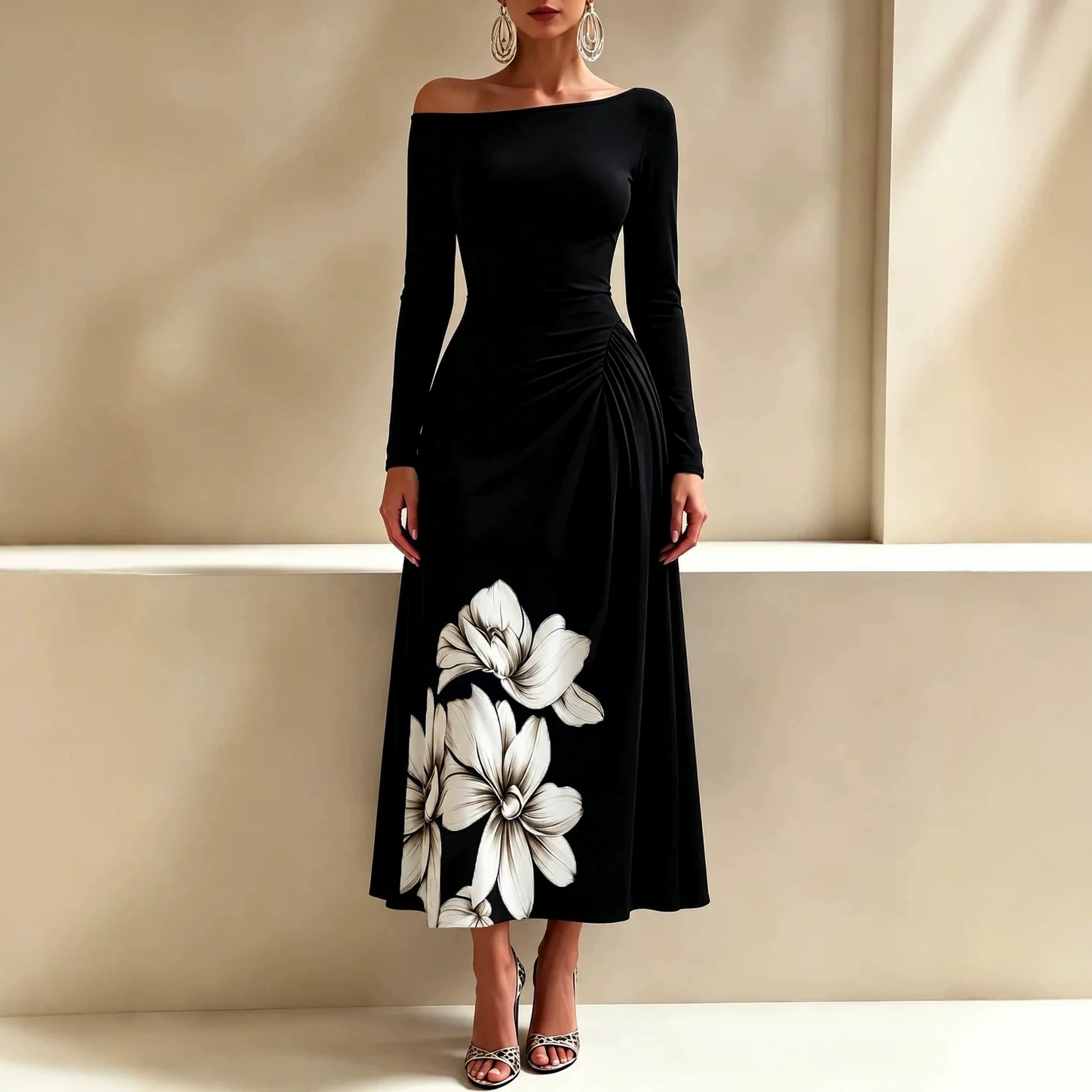 Off-Shoulder Black Floral Midi Dress with Long Sleeves and Side Ruching