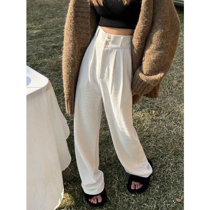 White High-Waist Wide-Leg Fleece-Lined Straight Suit Pants