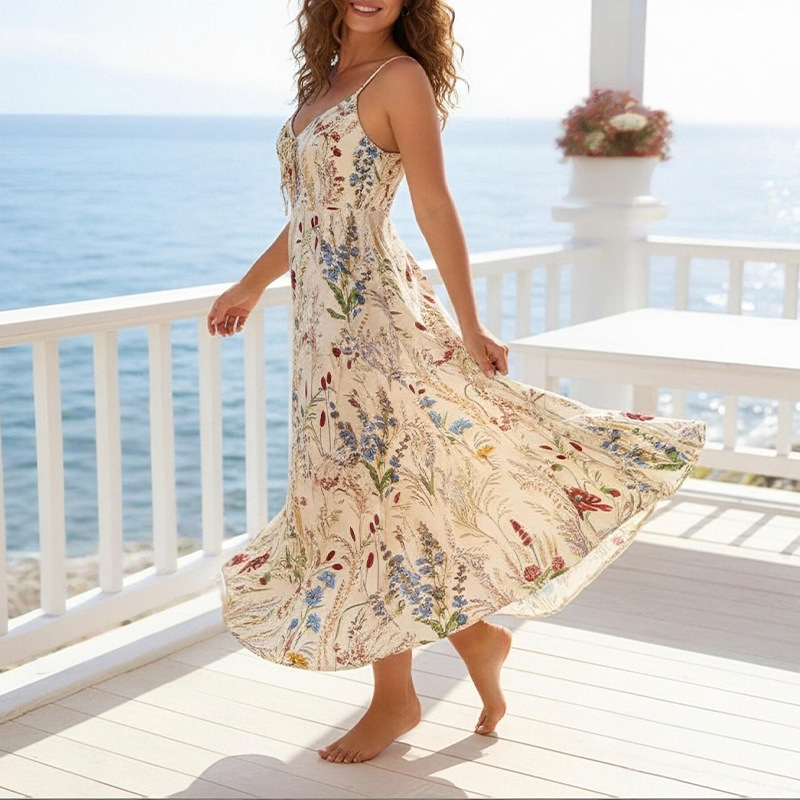 Women's Sleeveless Plant Print Maxi Dress Summer Beach Vacation
