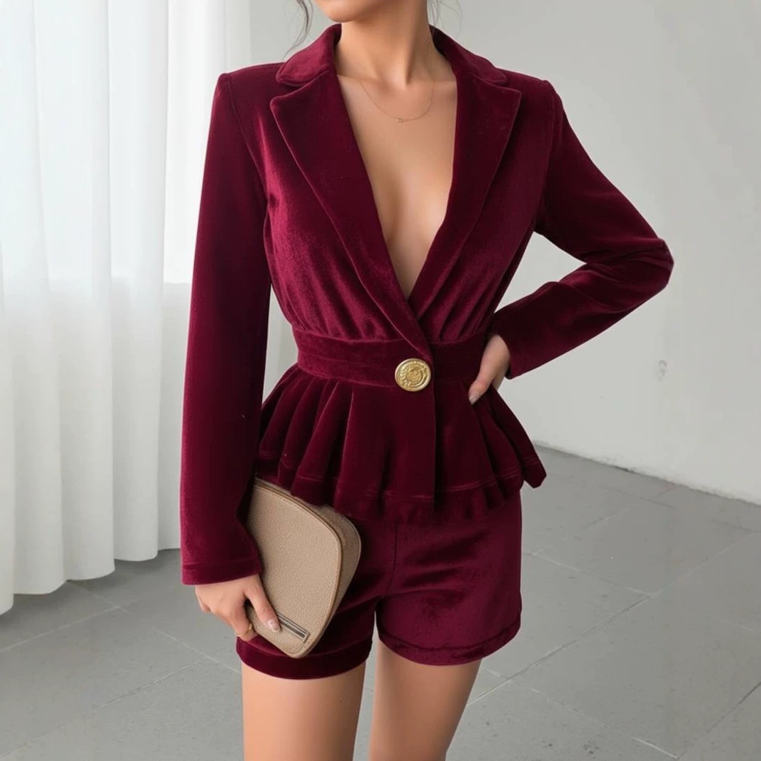 Velvet V-Neck Waist-Cinched Blazer Set