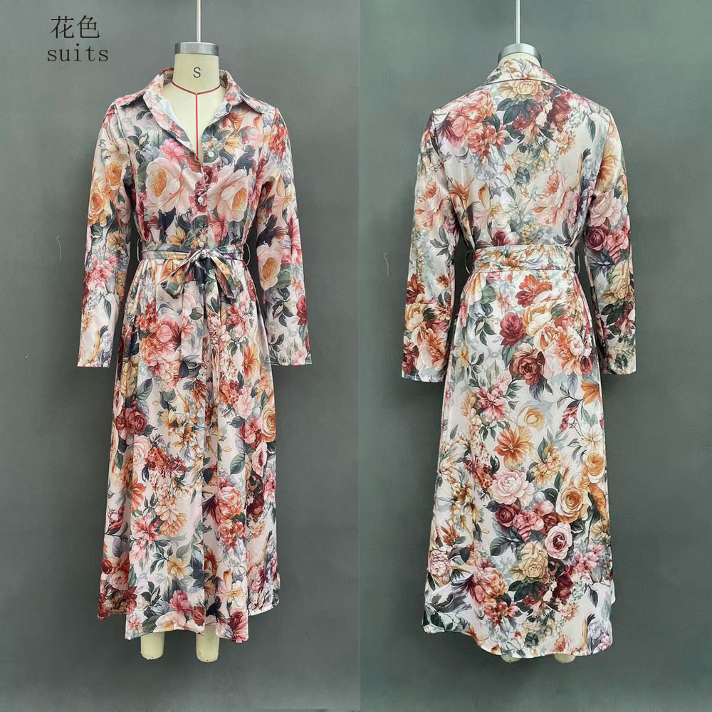 Floral Print Long Sleeve A-Line Maxi Dress with Polo Collar and Tie Waist