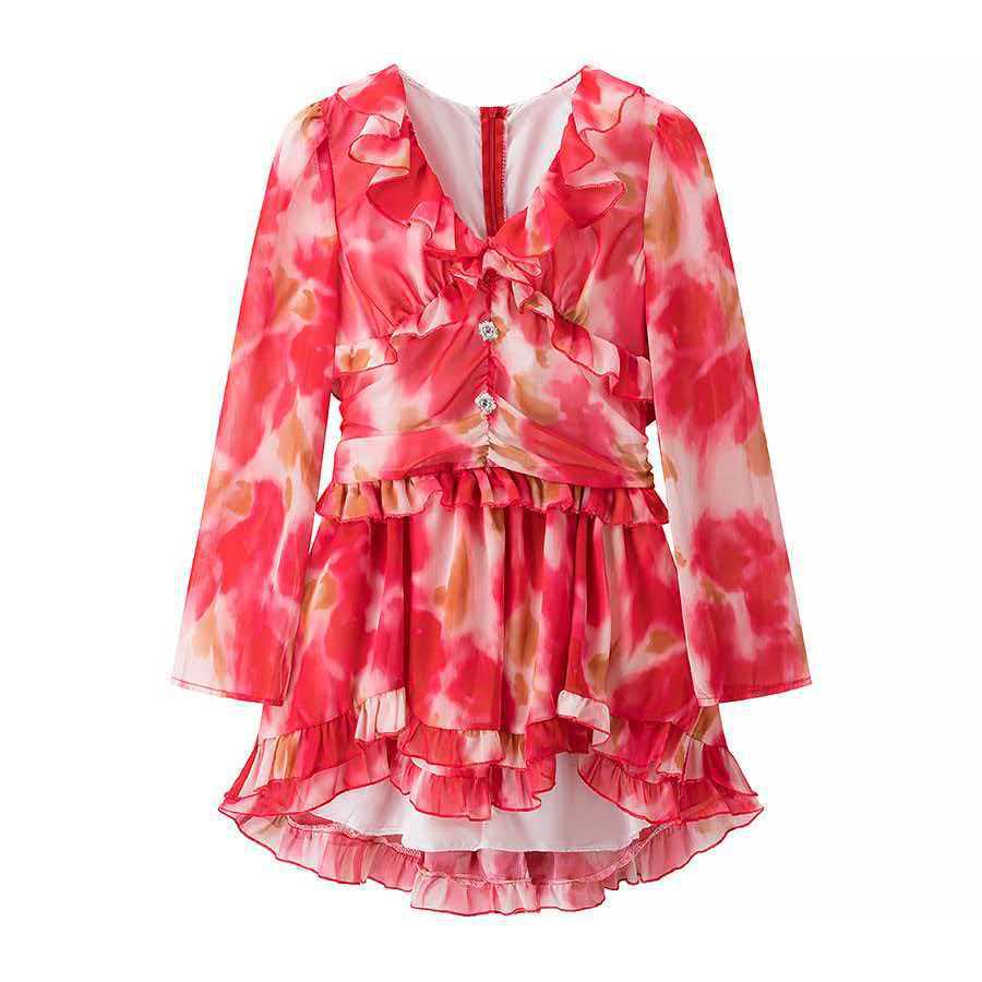 V-Neck Ruffle Trim Floral Print Dress