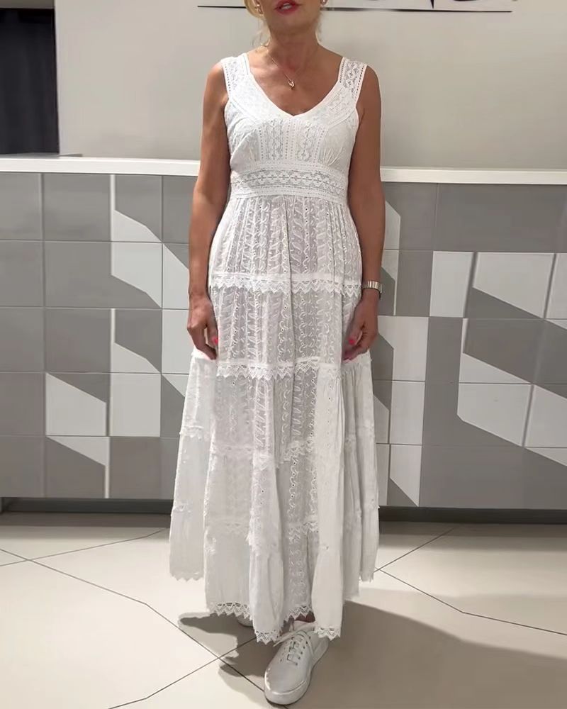 Women's Solid V-Neck Sleeveless Lace Panel Cami Dress