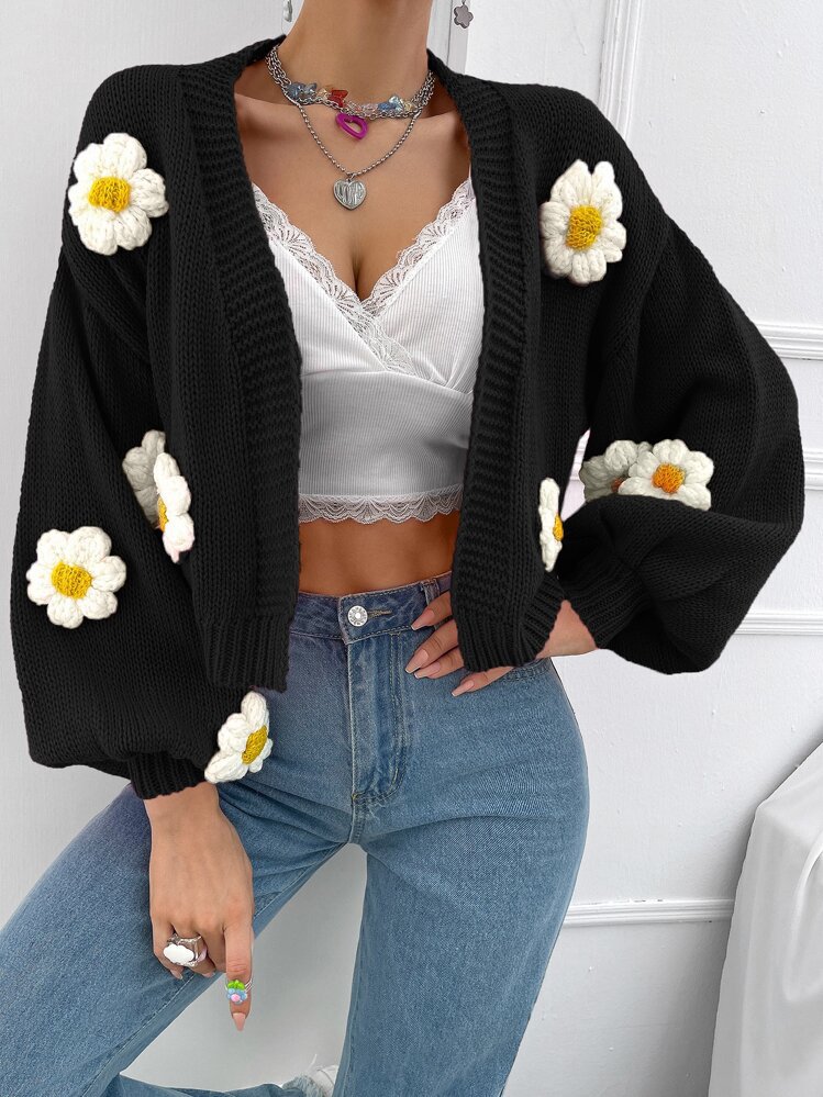 Women's Crochet Floral Spliced Button Cardigan Sweater
