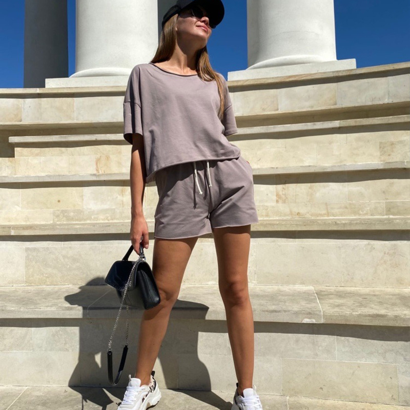 Women's Solid Color Crewneck Short Sleeve Drawstring Two-Piece Set