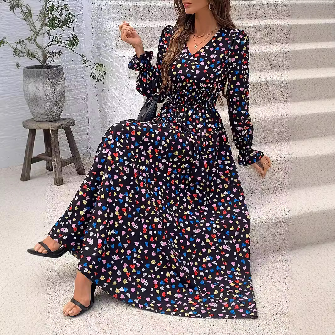 Women's Floral Print V-Neck Long Sleeve Maxi Dress