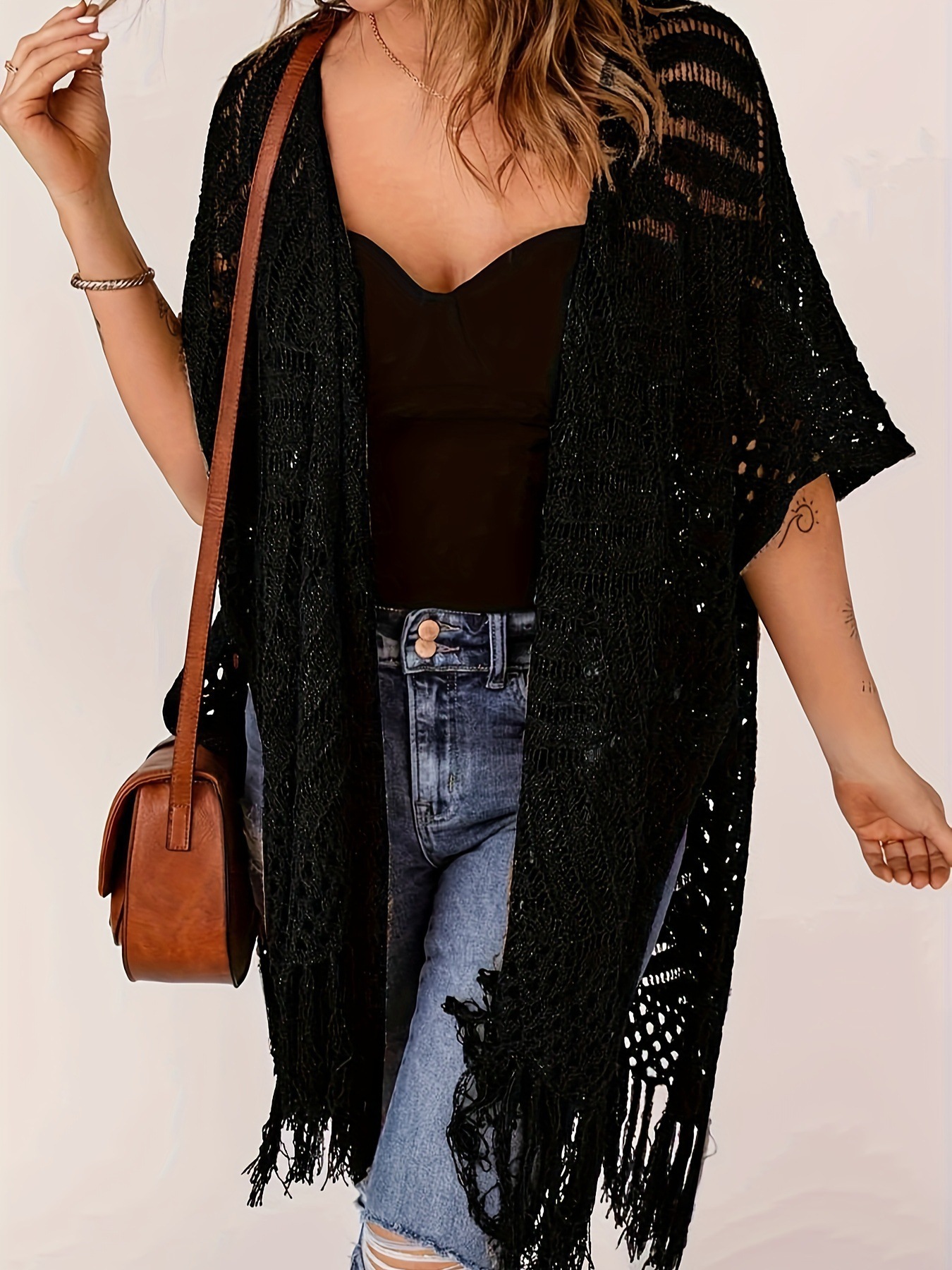 Plus Size Sheer Fringe Knit Bikini Cover-Up Beach Cardigan