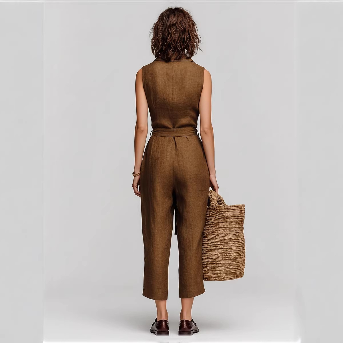 Retro Unisex Sleeveless Collared Tie-Waist Jumpsuit