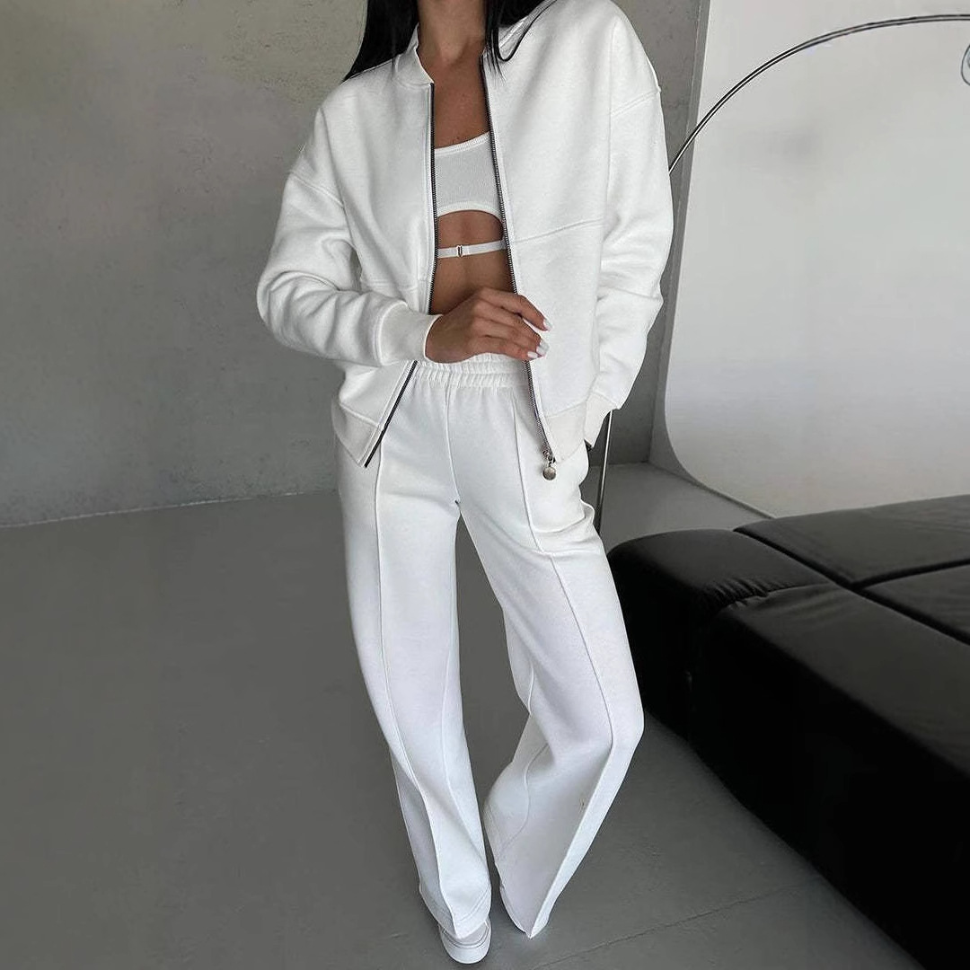 Women's Casual Zip Jacket & Wide-Leg Pants Two-Piece Set