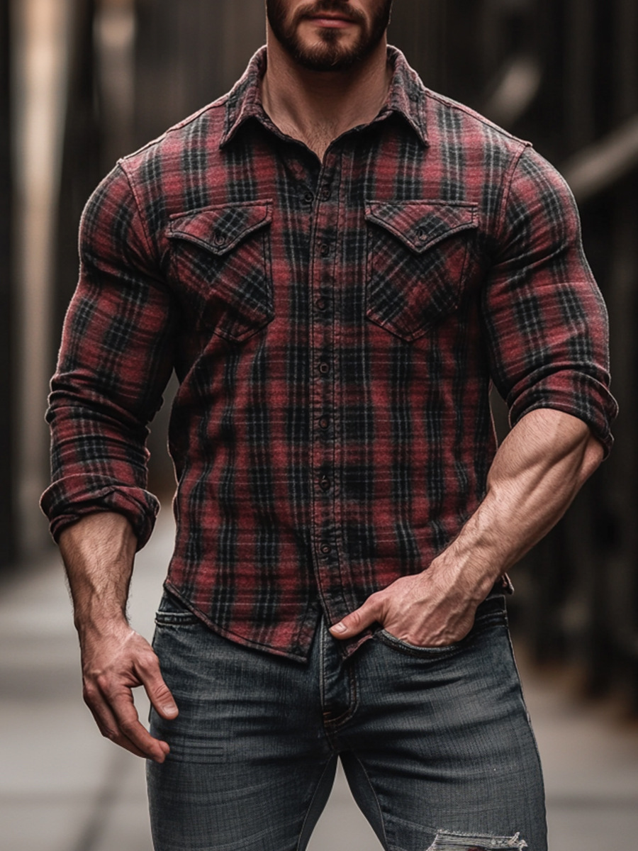 Men's Plaid Print Fleece-Lined Button-Down Shirt with Pockets